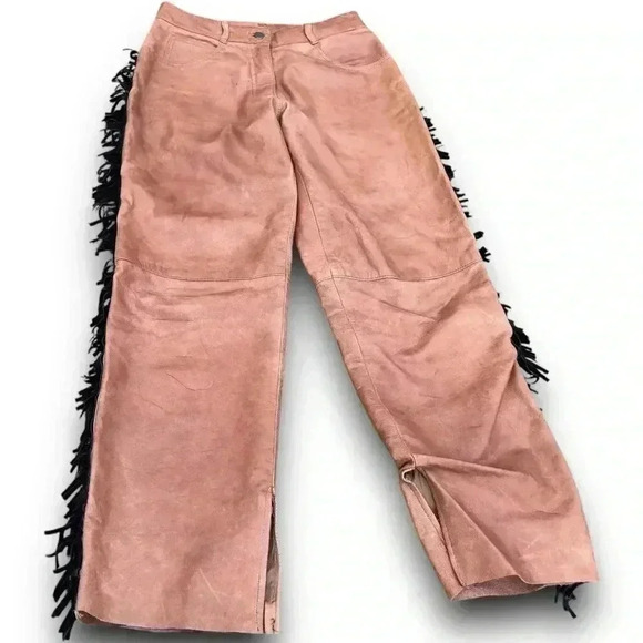 Vintage Western Brown Leather Pants Handmade Black Fringe 6P Straight Leg Chic - Picture 13 of 15